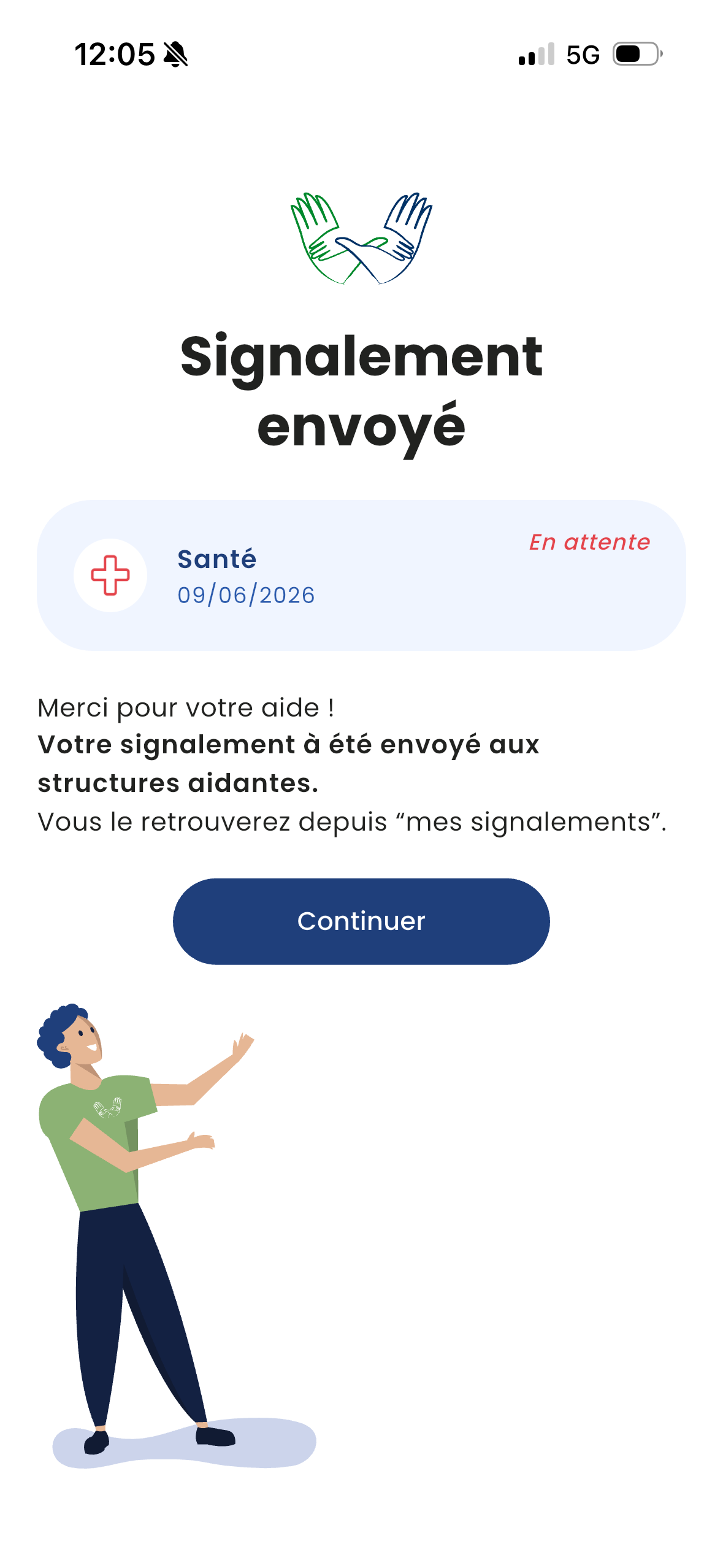 Confirmation d'un signalement dans l'application Wantaid